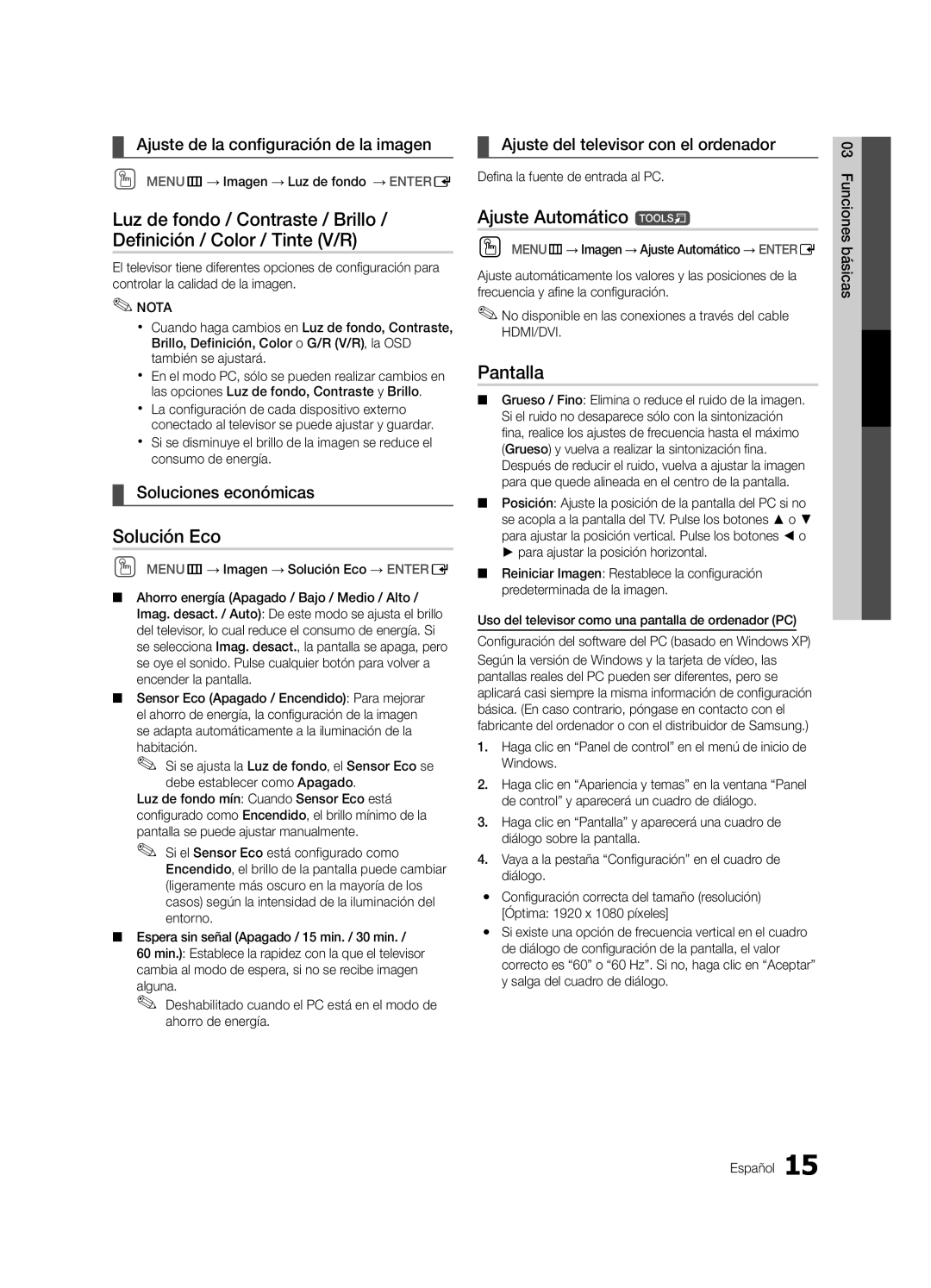 Samsung LN46C750 Solución Eco, Ajuste Automático t, Pantalla, Soluciones económicas, Para ajustar la posición horizontal 