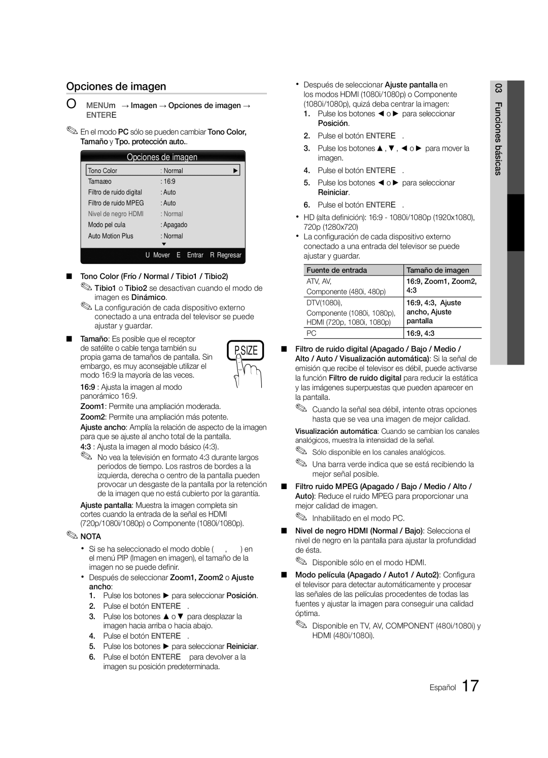 Samsung LN46C750 user manual OO MENUm→ Imagen → Opciones de imagen →, Propia gama de tamaños de pantalla. Sin 