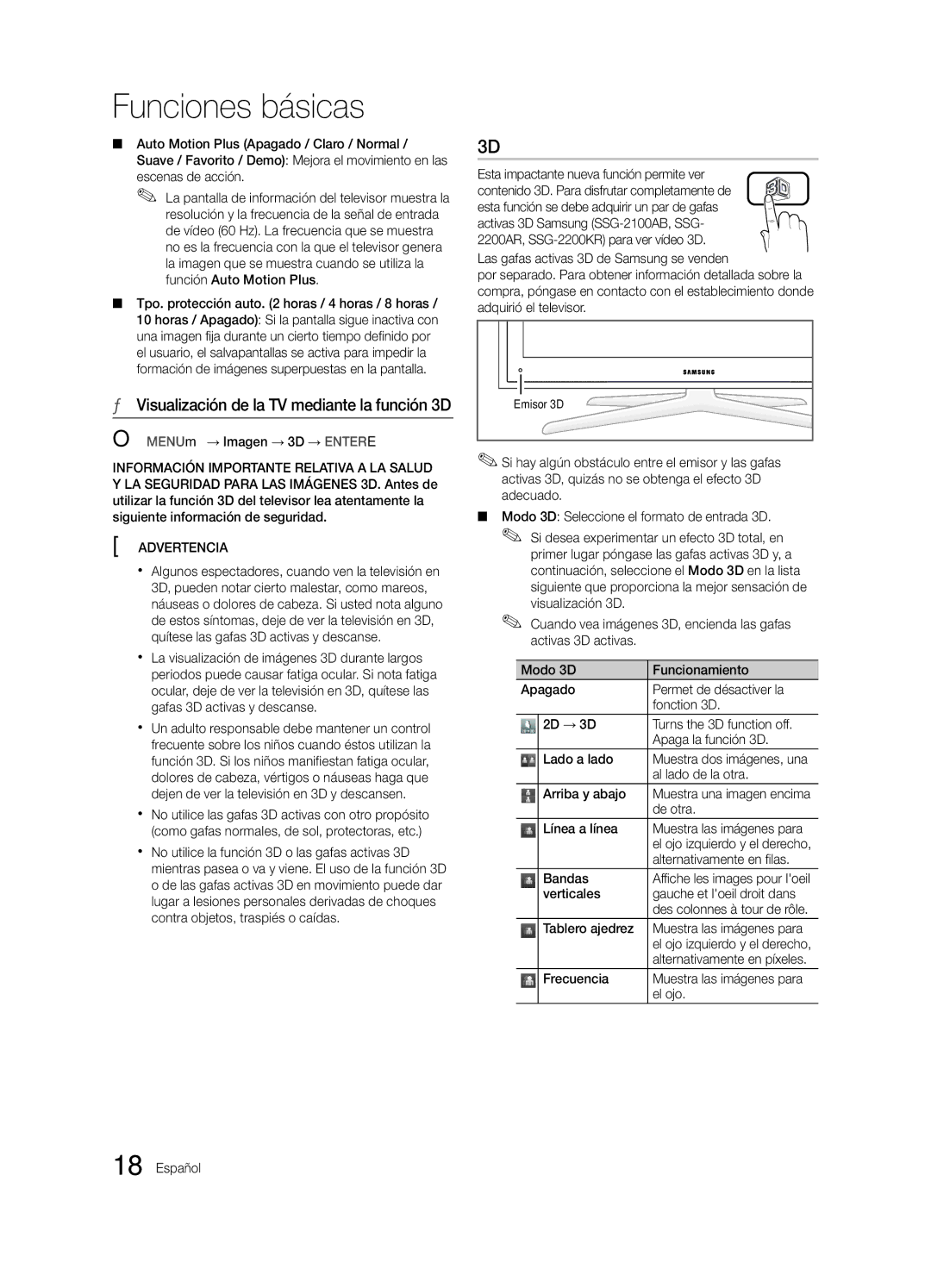 Samsung LN46C750 user manual Visualización de la TV mediante la función 3D 