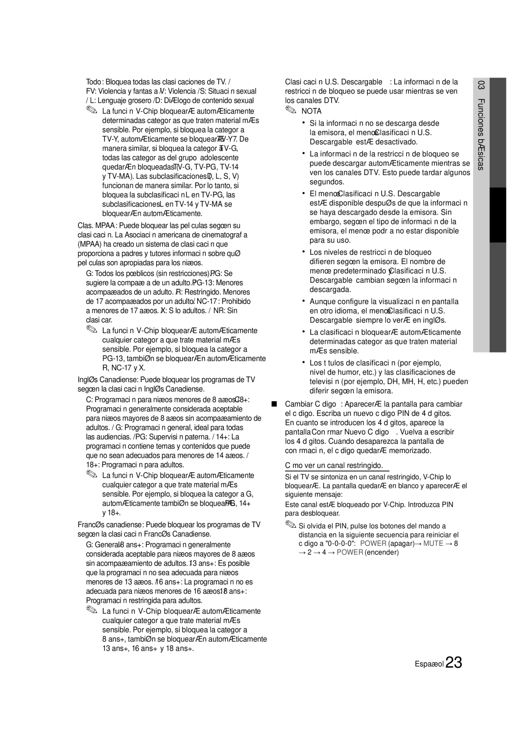 Samsung LN46C750 Todo Bloquea todas las clasificaciones de TV, Los canales DTV, Xx Si la información no se descarga desde 