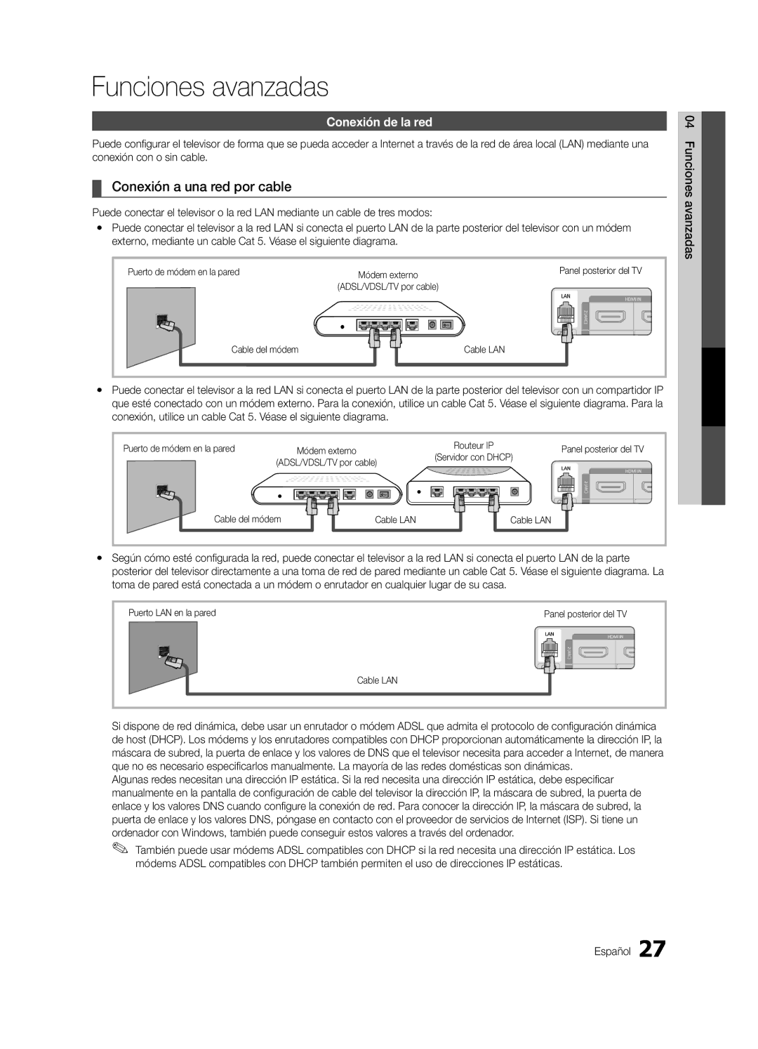 Samsung LN46C750 user manual Conexión a una red por cable, Conexión de la red, Funciones avanzadas Español 