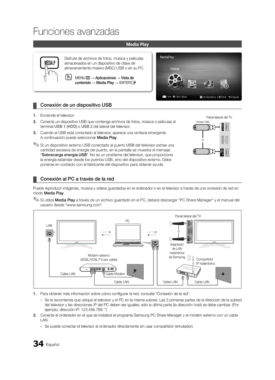 Samsung LN46C750 user manual Conexión de un dispositivo USB, Conexión al PC a través de la red, Cable LAN Cable Módem 