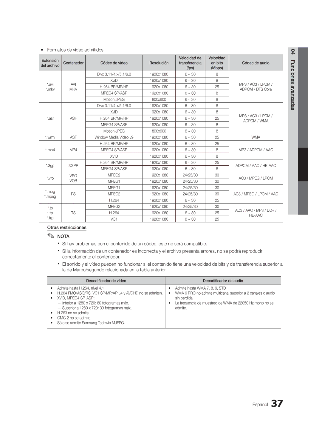 Samsung LN46C750 user manual Yy Formatos de vídeo admitidos, Otras restricciones 