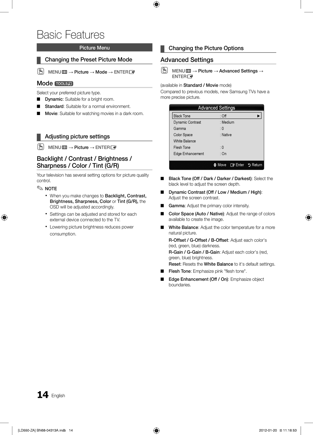 Samsung LN46E550 user manual Mode t, Advanced Settings, Changing the Preset Picture Mode, Adjusting picture settings 