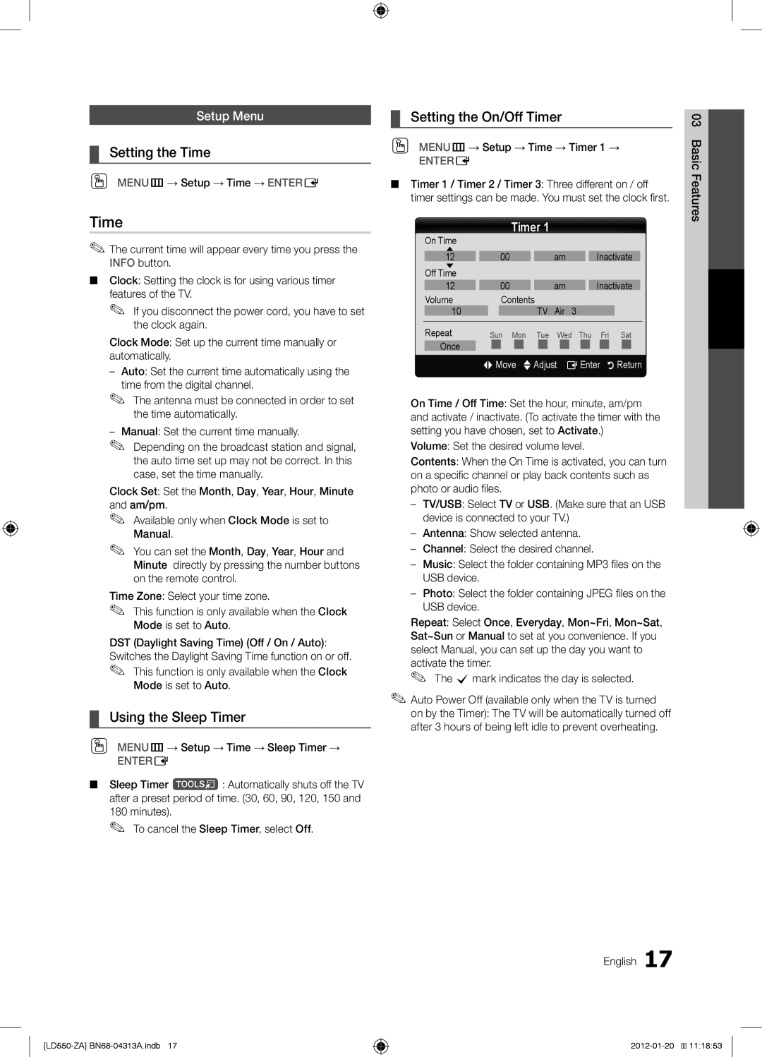 Samsung LN46E550 user manual Setting the Time, Using the Sleep Timer, Setting the On/Off Timer, Setup Menu 