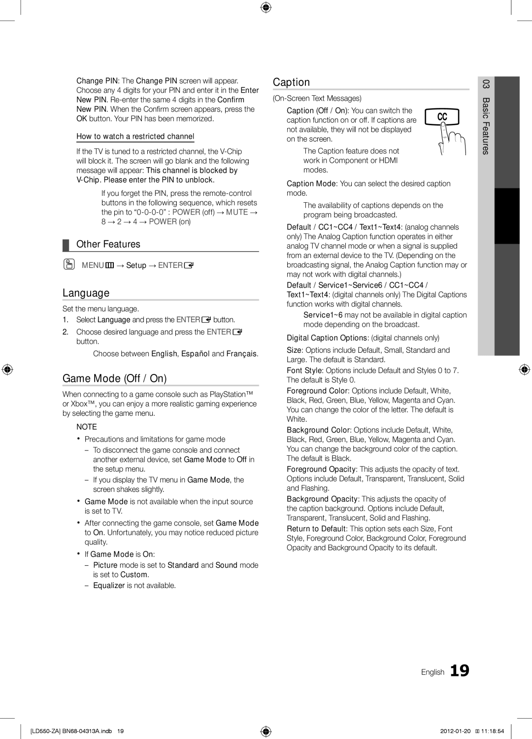 Samsung LN46E550 user manual Language, Game Mode Off / On, Caption 