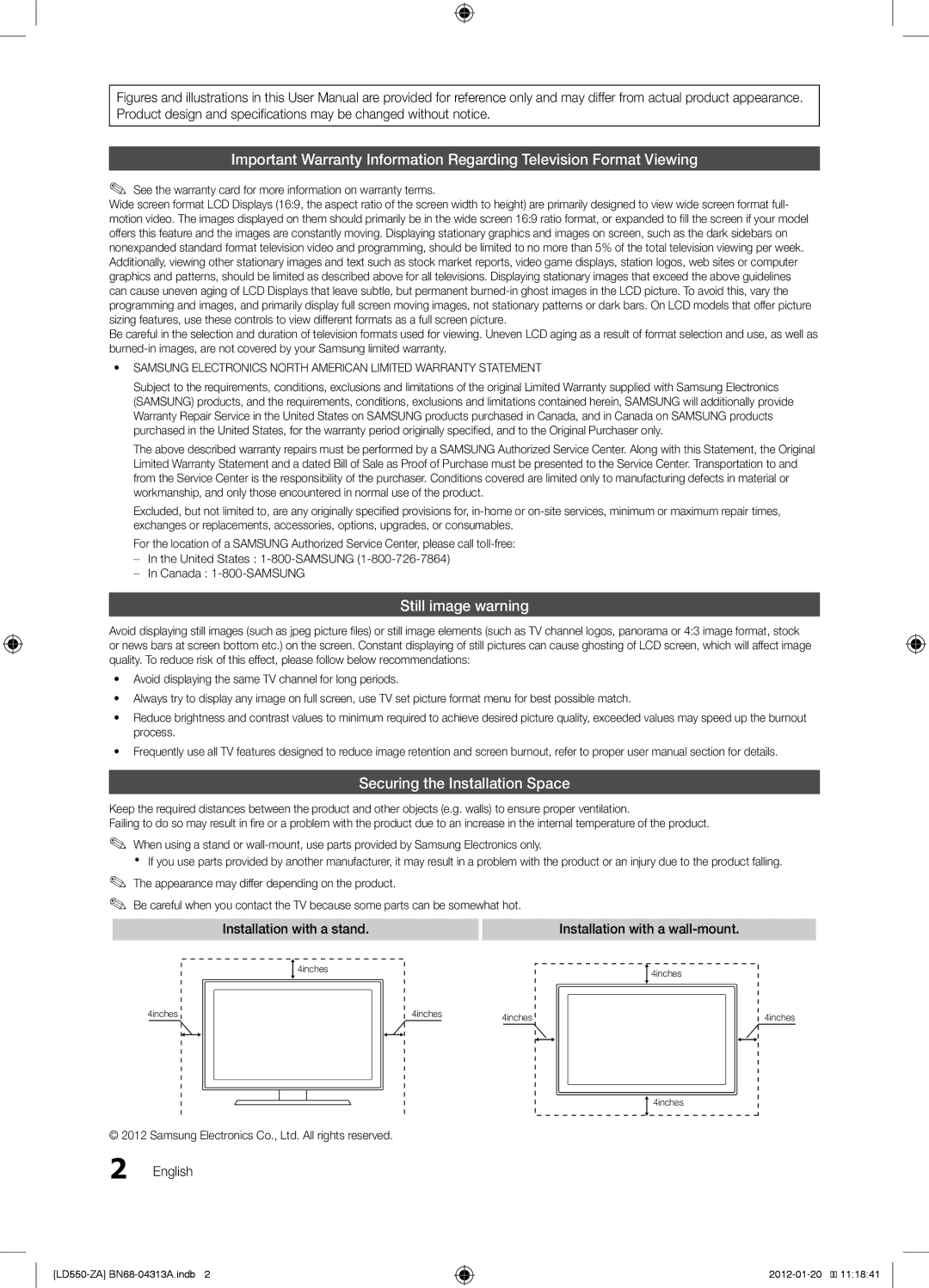 Samsung LN46E550 user manual Still image warning, Securing the Installation Space, English 