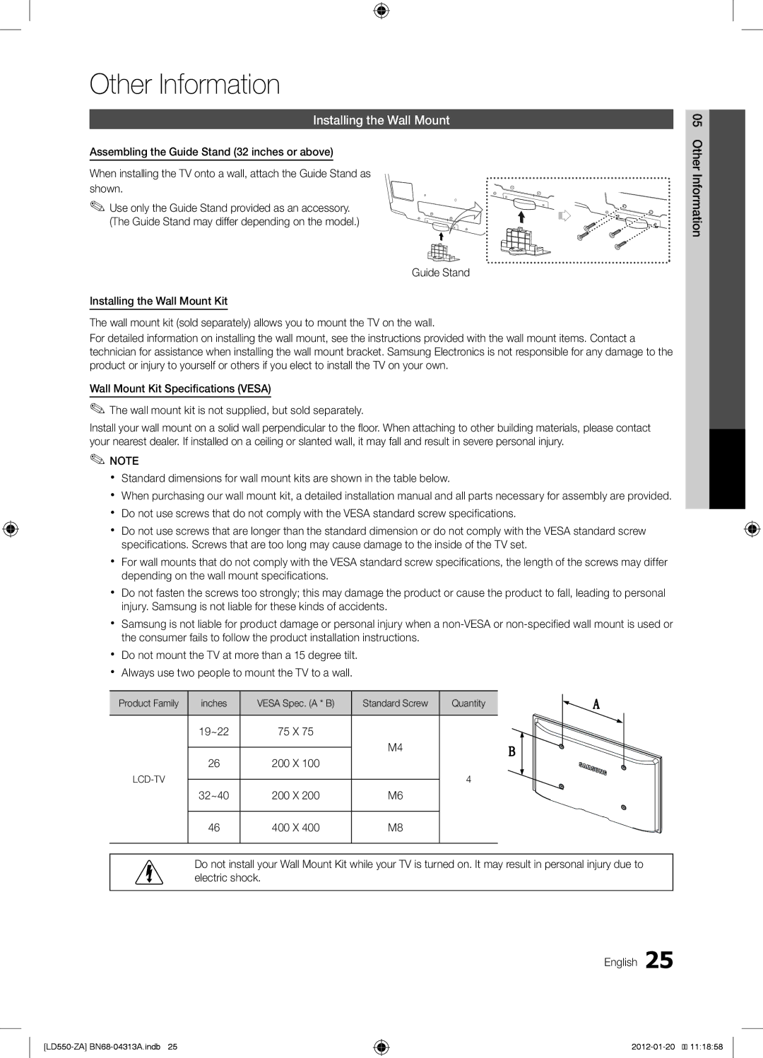 Samsung LN46E550 user manual Other Information, Installing the Wall Mount 