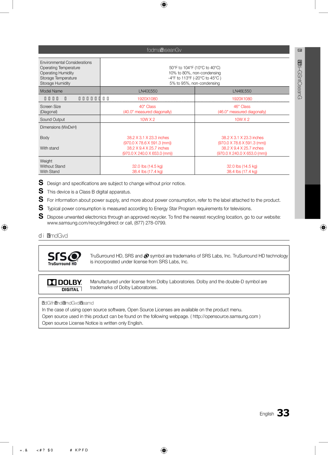 Samsung LN46E550 user manual License, Specifications 