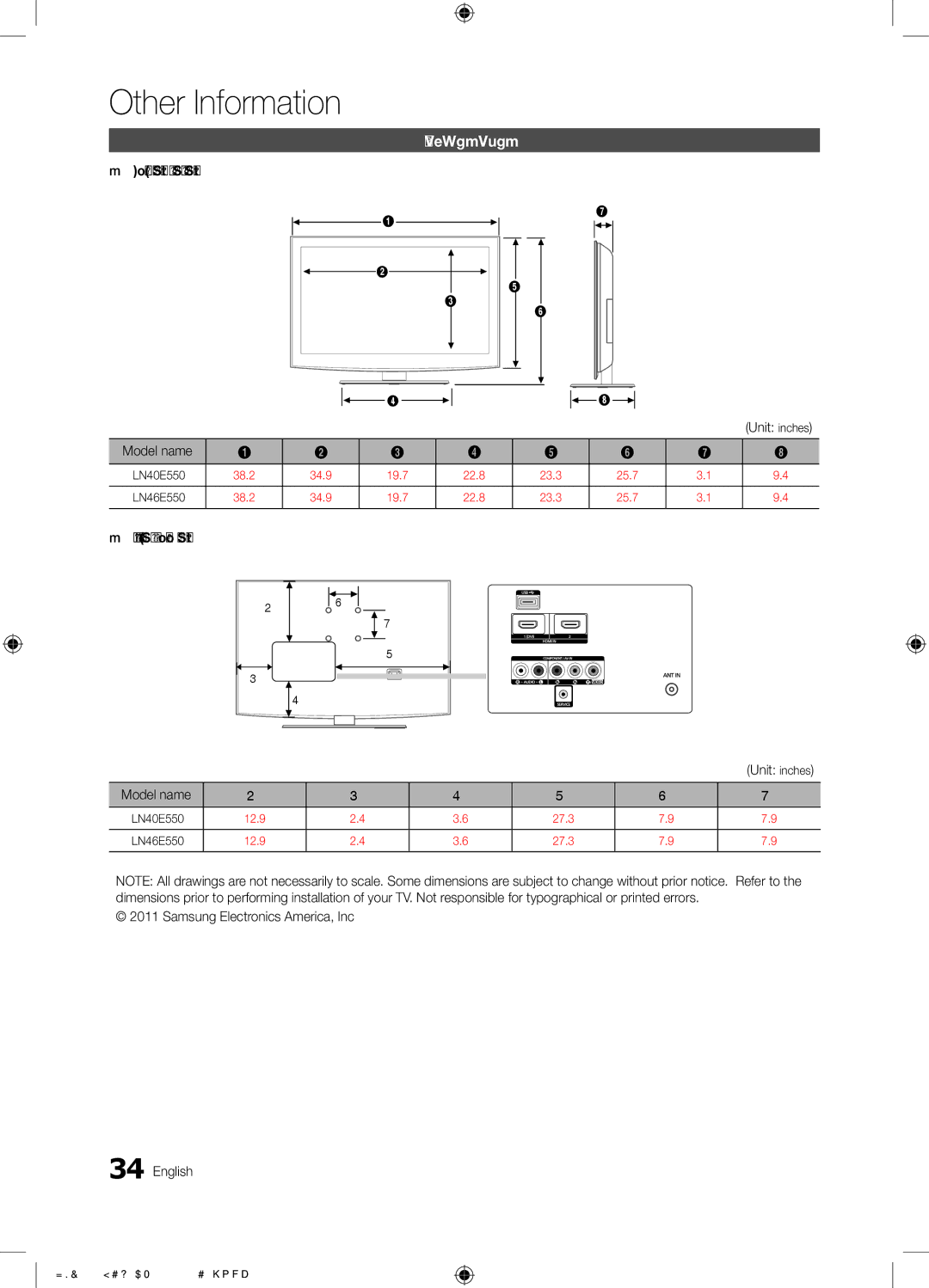 Samsung LN46E550 user manual Dimensions, Front View / Side View, Jack Panel Detail / Rear View 