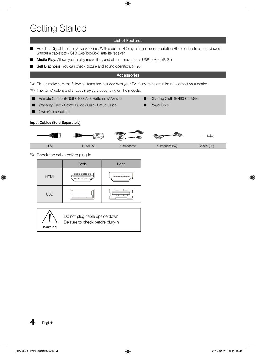 Samsung LN46E550 user manual Getting Started, List of Features, Accessories, Cable, Hdmi USB 