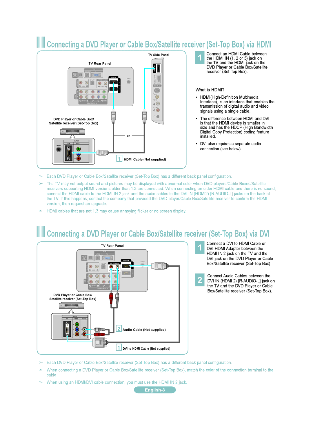 Samsung LN46A630M1F Hdmi in 1, 2 or 3 jack on, Receiver Set-Top Box, What is HDMI?, Connect a DVI to Hdmi Cable or 