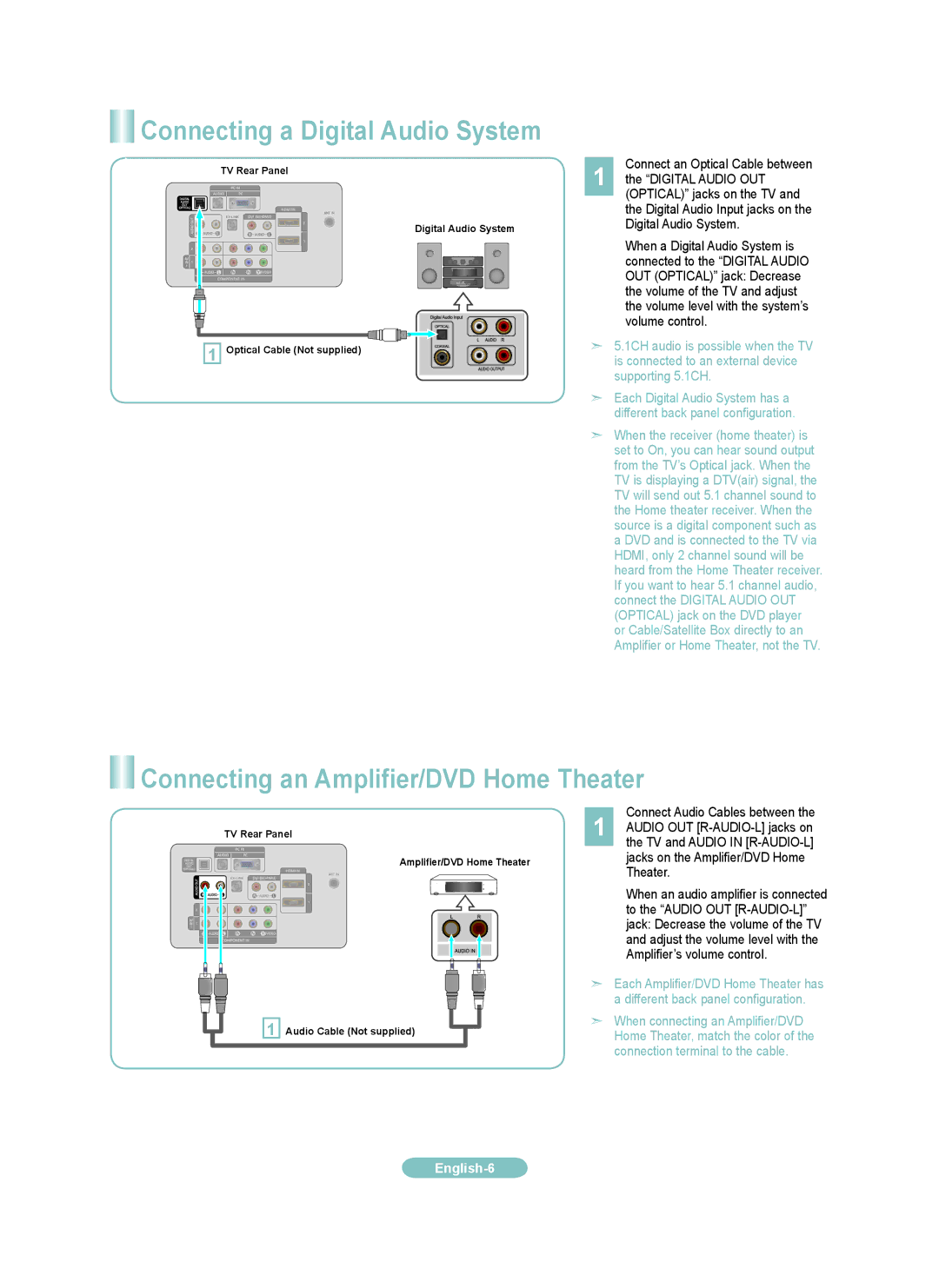 Samsung LN52A630M 1F, LN46A630M1F setup guide Connecting a Digital Audio System, Connecting an Amplifier/DVD Home Theater 