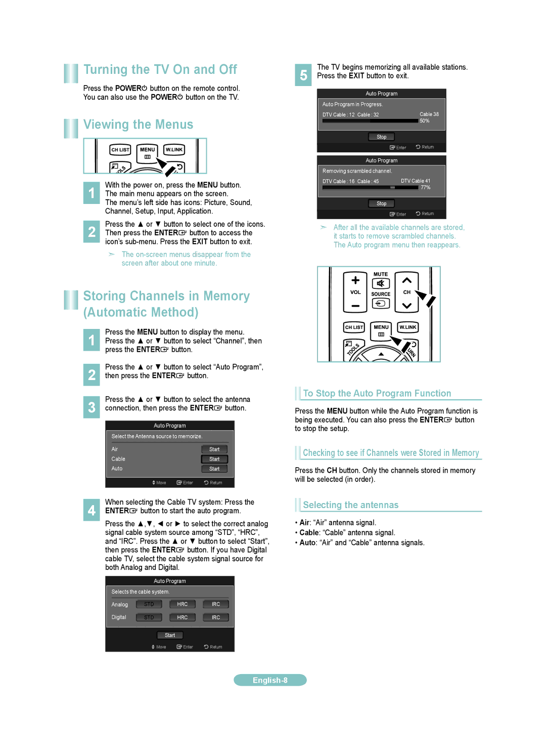 Samsung LN52A630M 1F setup guide Turning the TV On and Off, Viewing the Menus, Storing Channels in Memory Automatic Method 