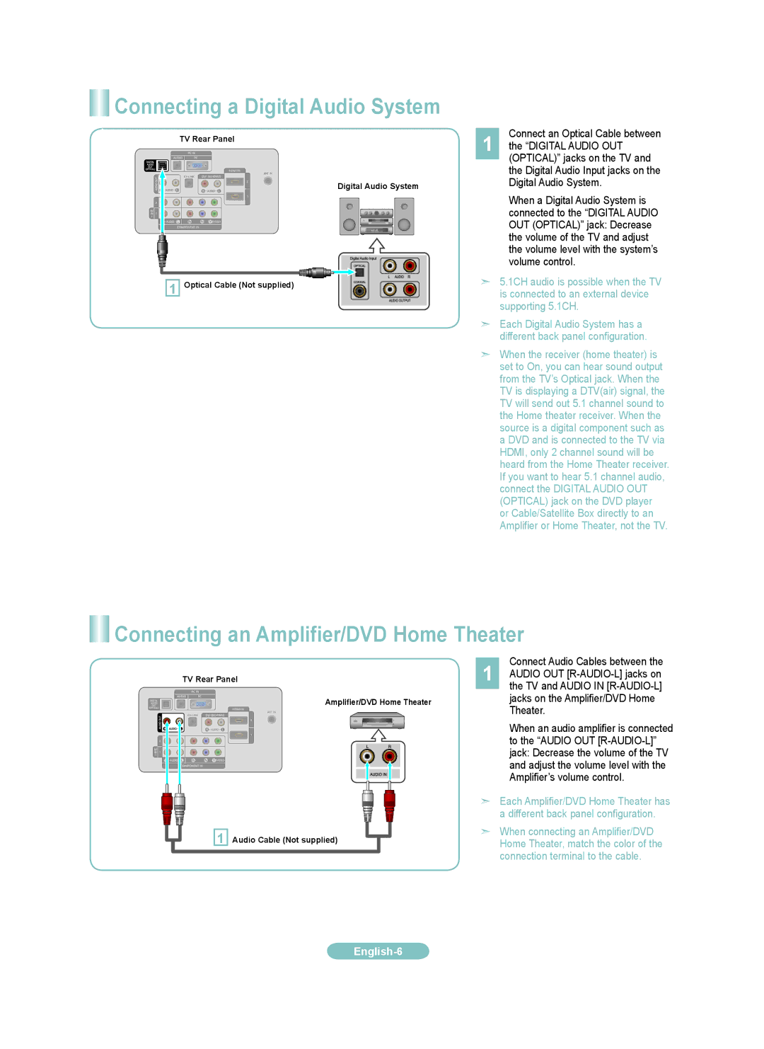 Samsung LN52A630MF, LN46A630MF, LN40A630MF Connecting a Digital Audio System, Connecting an Amplifier/DVD Home Theater 