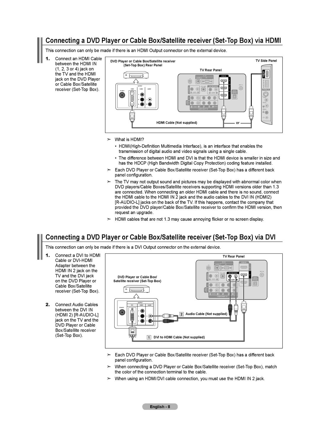 Samsung LN52A650A1F user manual DVD Player or Cable Box/Satellite receiver TV Side Panel 