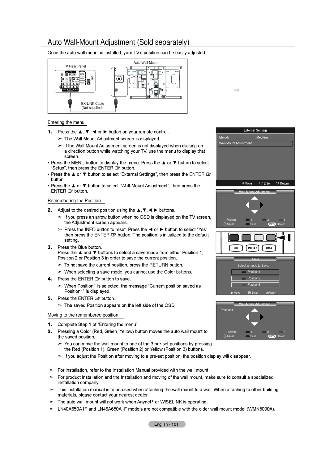 Samsung LN52A650A1F user manual Auto Wall-Mount Adjustment Sold separately, Entering the menu 