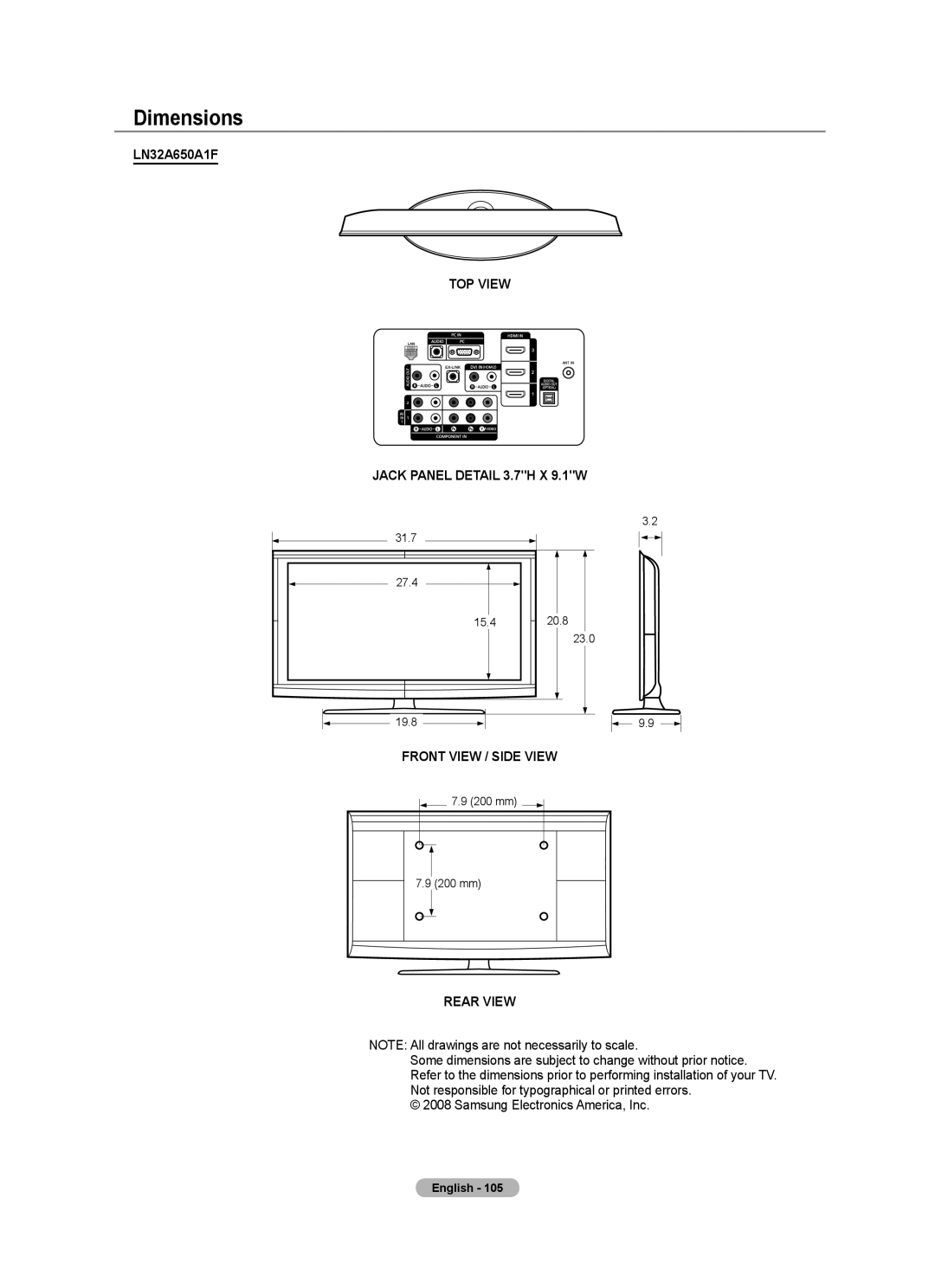 Samsung LN52A650A1F user manual Dimensions, Rear View 