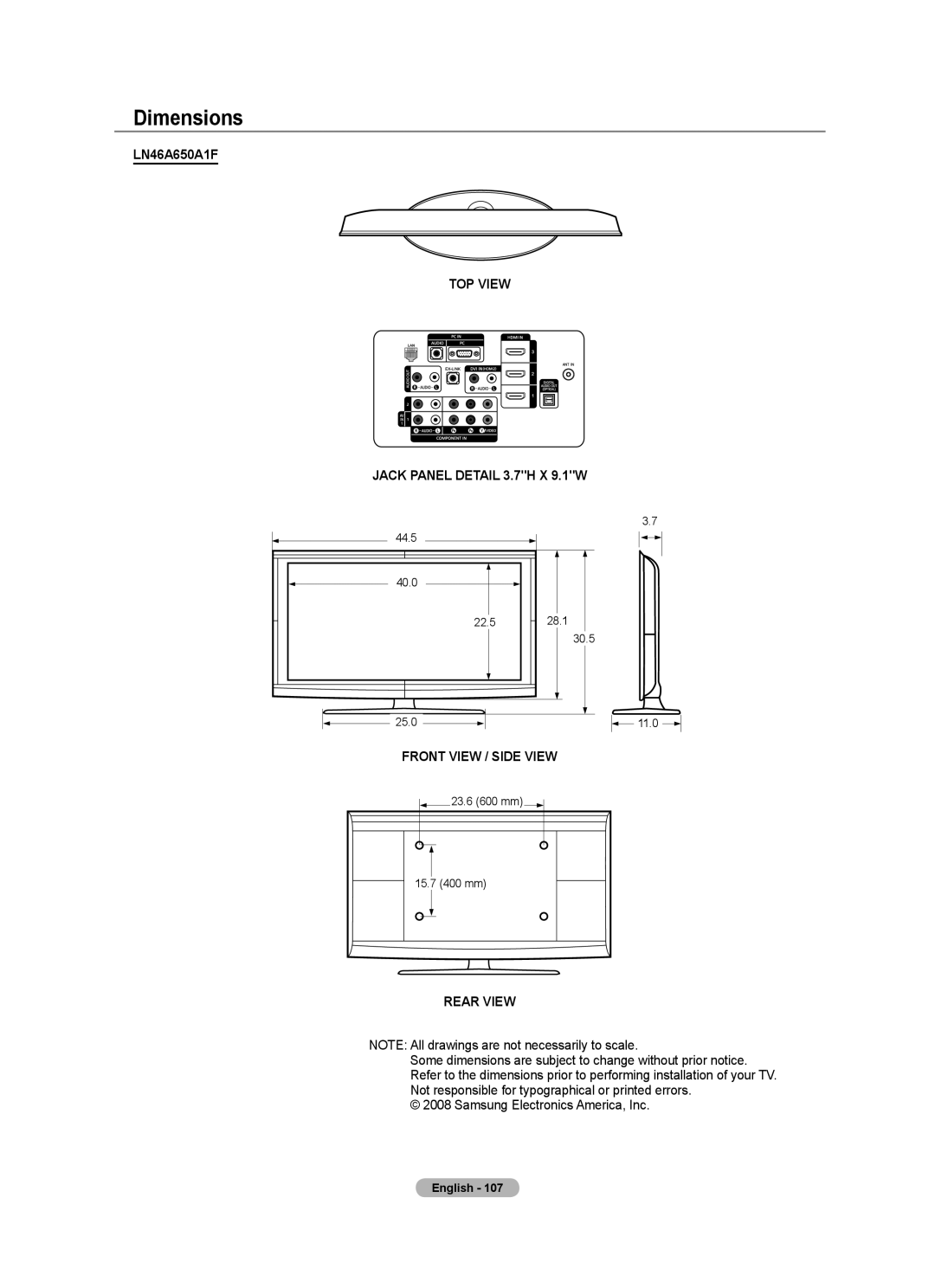 Samsung LN52A650A1F user manual 44.5 40.0 22.5 28.1 30.5 25.0 11.0 