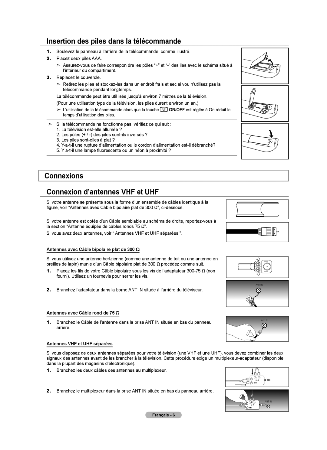 Samsung LN52A650A1F user manual Insertion des piles dans la télécommande, Connexions Connexion d’antennes VHF et UHF 