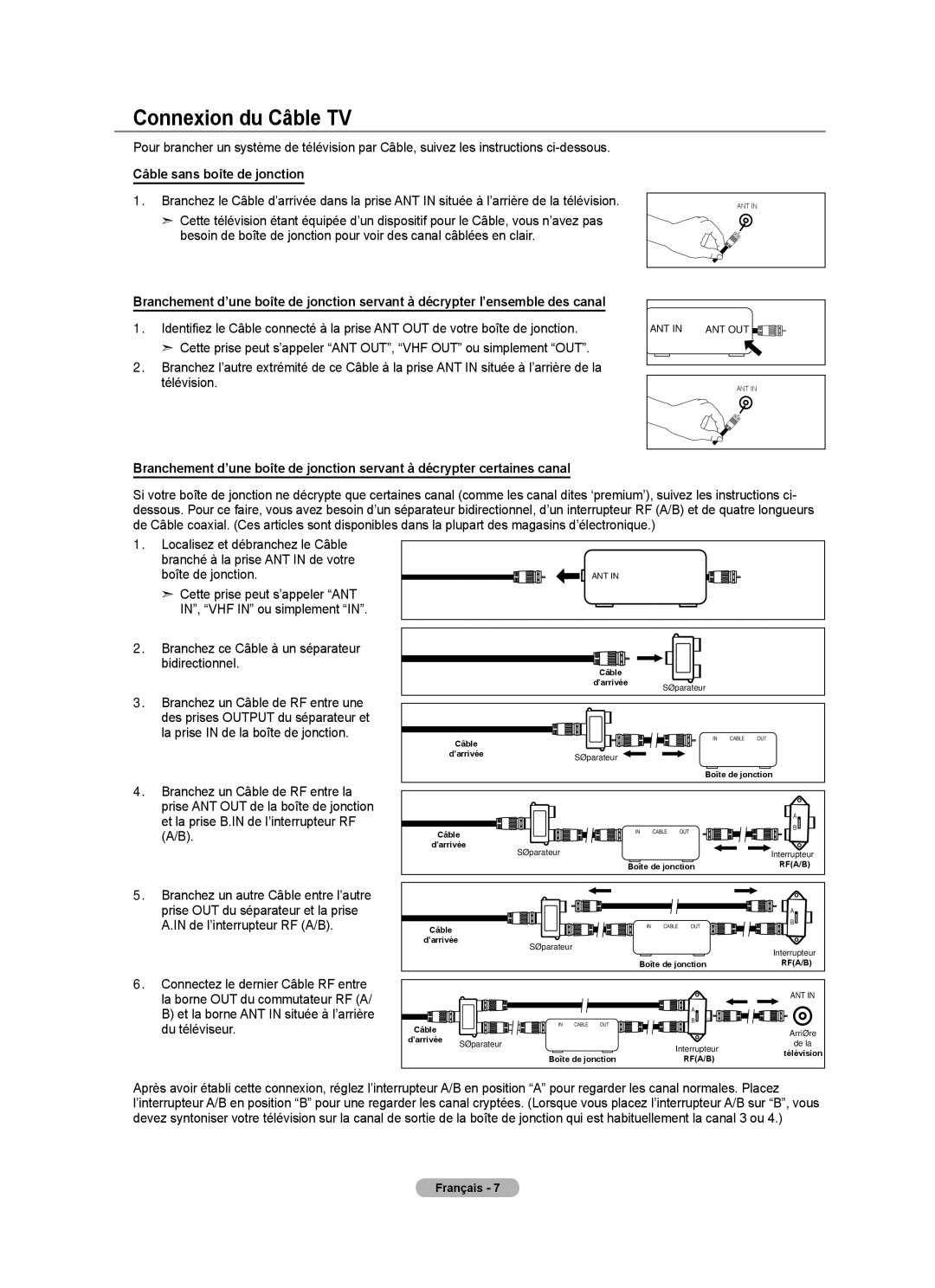 Samsung LN52A650A1F Connexion du Câble TV, Câble sans boîte de jonction, Branchez ce Câble à un séparateur bidirectionnel 