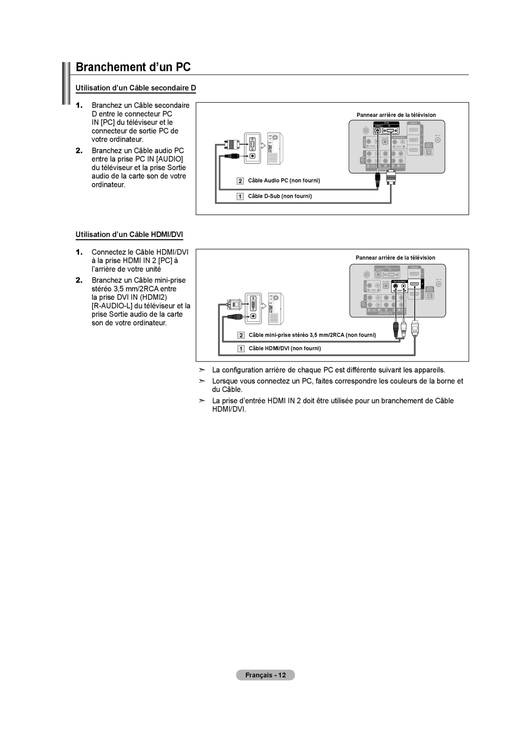 Samsung LN52A650A1F user manual Branchement d’un PC, Utilisation d’un Câble secondaire D, Utilisation d’un Câble HDMI/DVI 