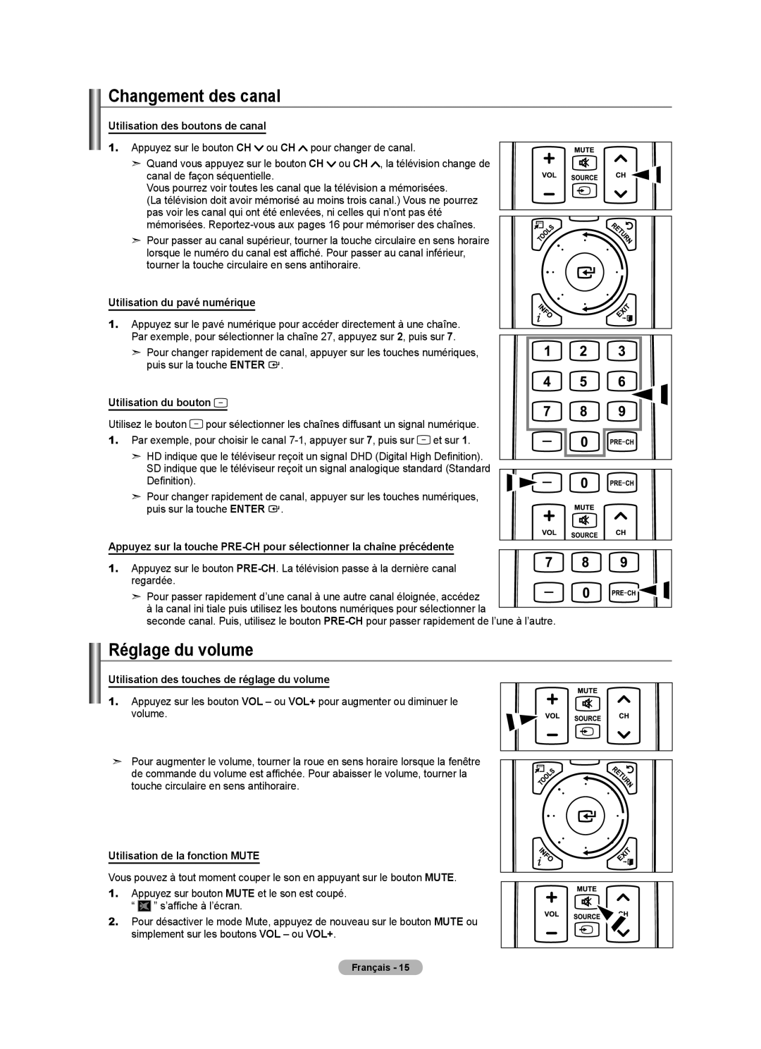 Samsung LN52A650A1F user manual Changement des canal, Réglage du volume 