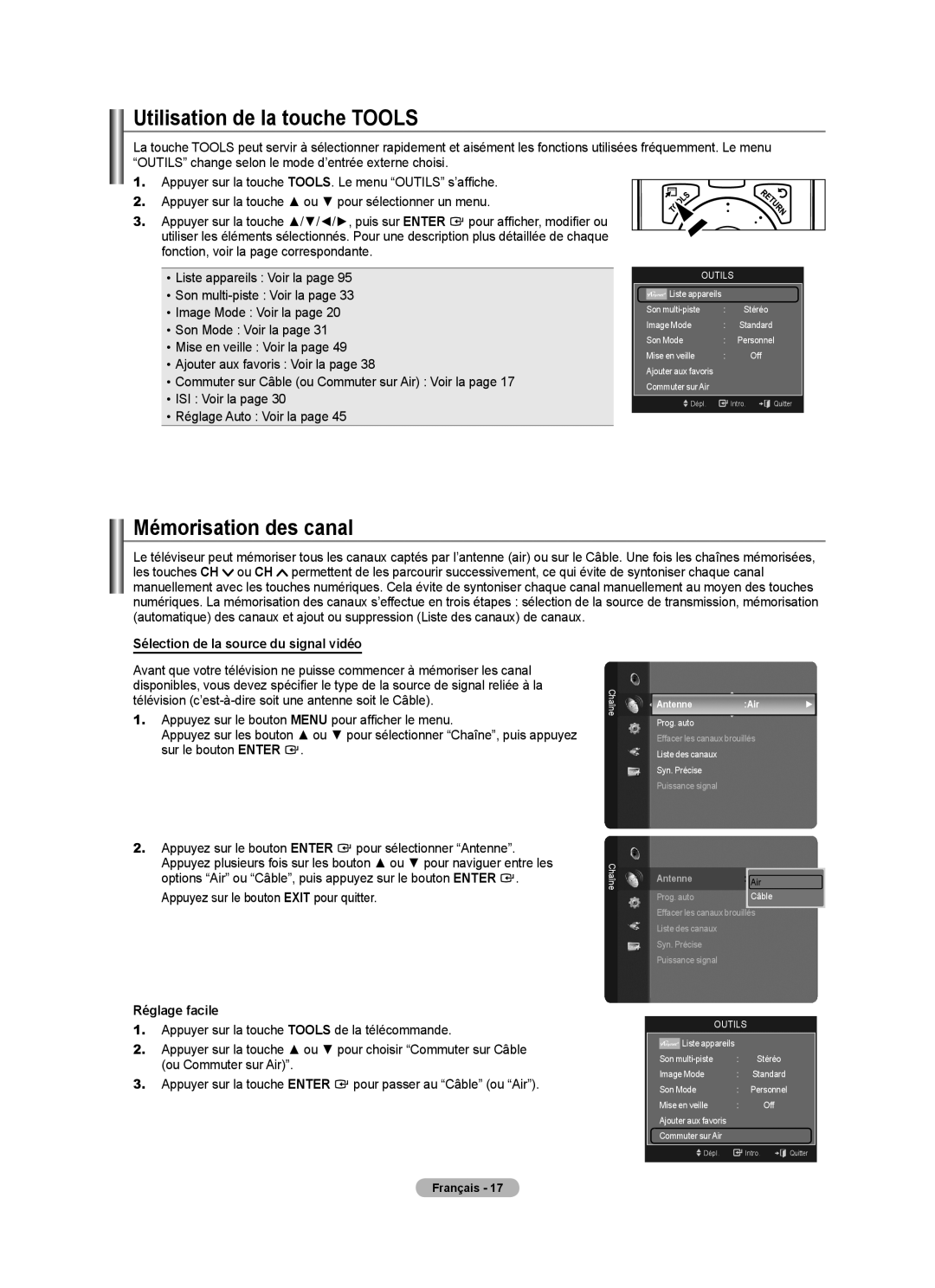 Samsung LN52A650A1F Utilisation de la touche Tools, Mémorisation des canal, Sélection de la source du signal vidéo 