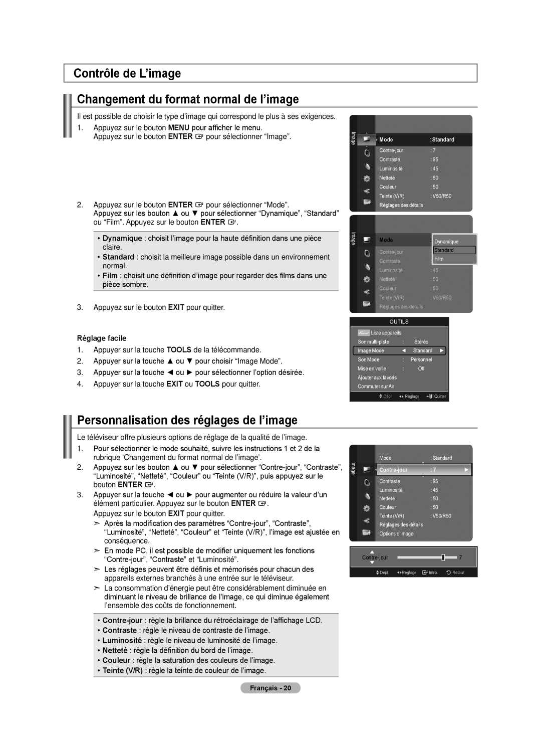 Samsung LN52A650A1F Contrôle de L’image Changement du format normal de l’image, Personnalisation des réglages de l’image 