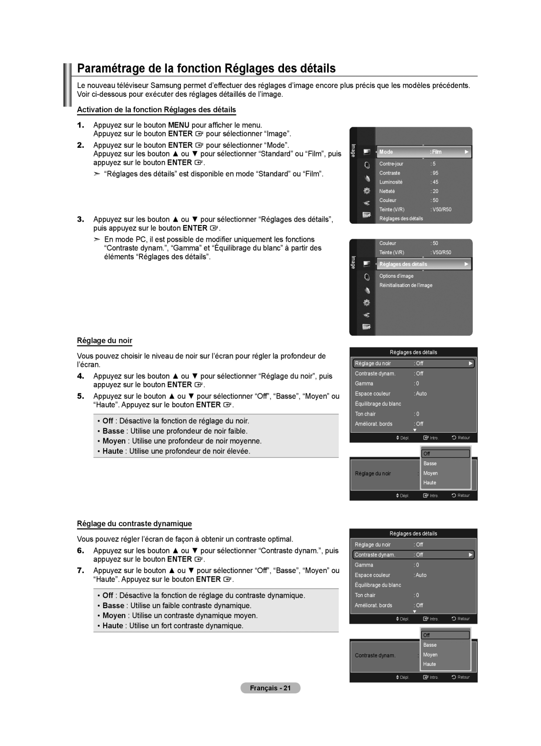 Samsung LN52A650A1F Paramétrage de la fonction Réglages des détails, Activation de la fonction Réglages des détails 