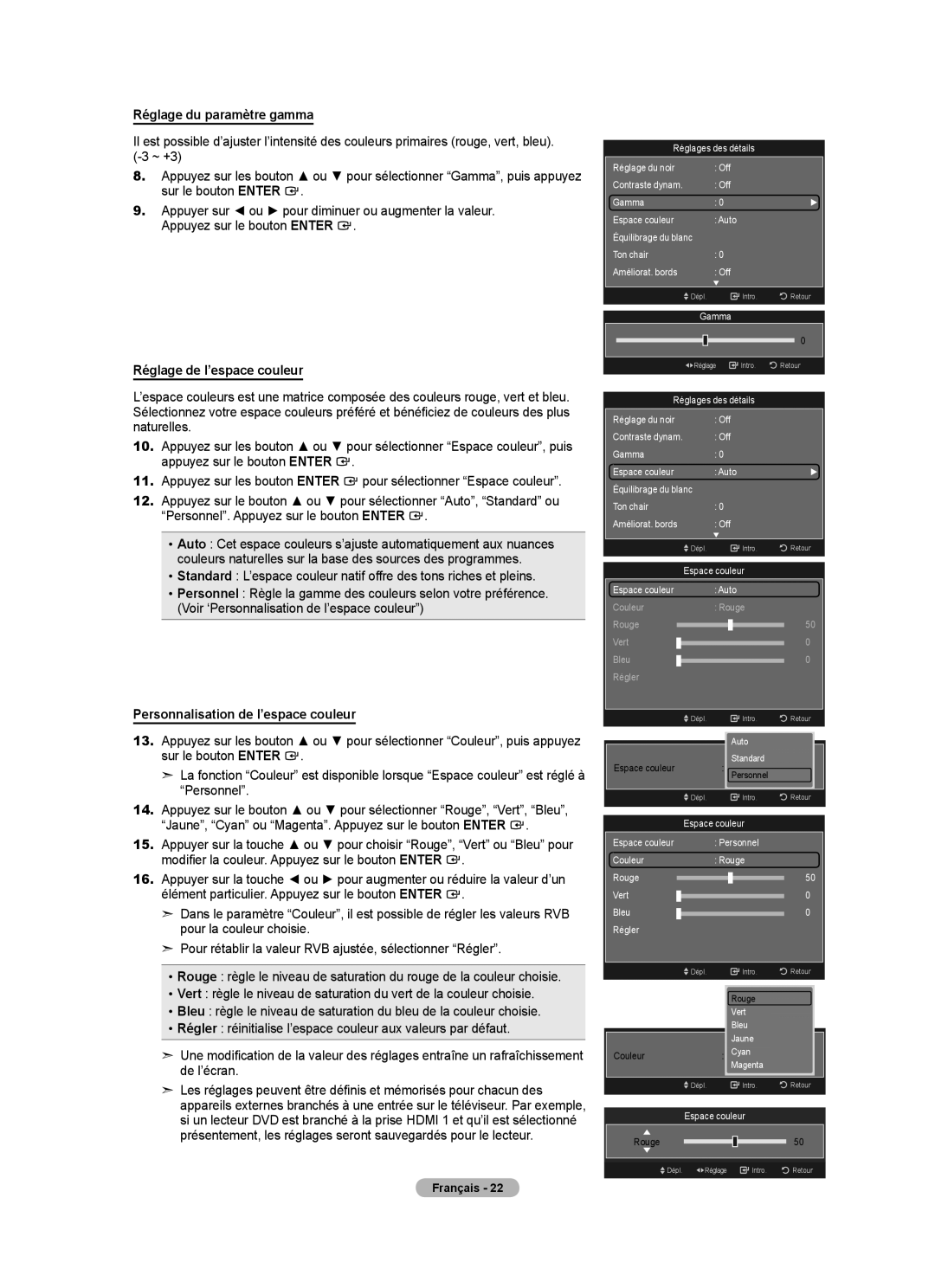 Samsung LN52A650A1F Réglage du paramètre gamma, Réglage de l’espace couleur, Personnalisation de l’espace couleur 