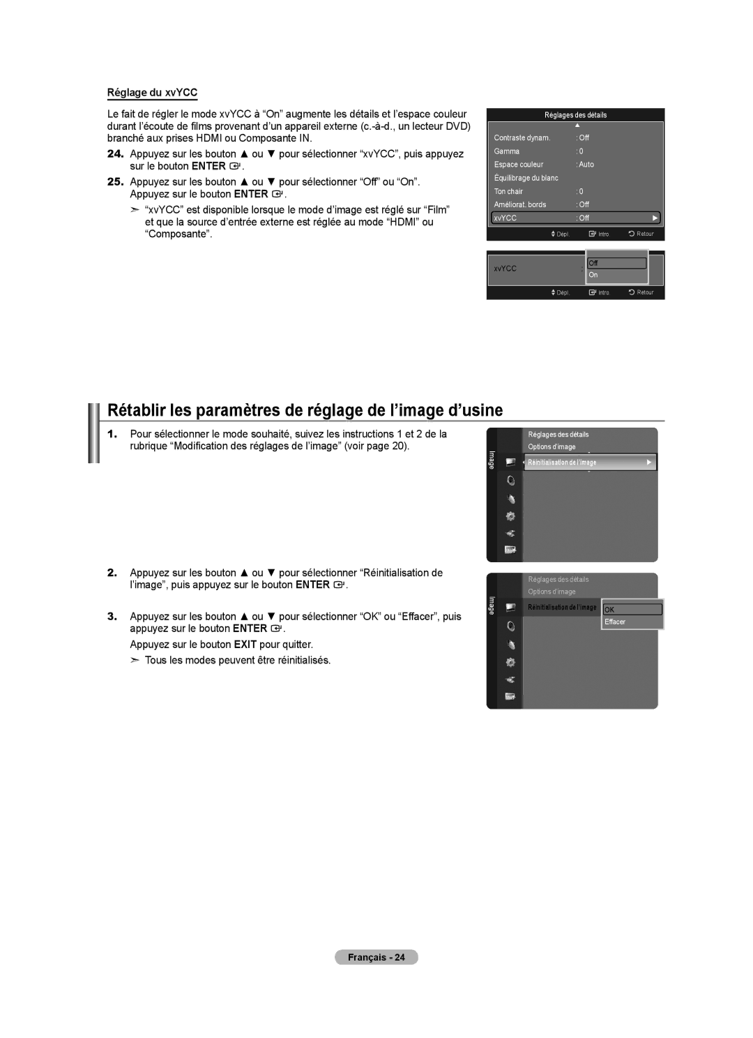 Samsung LN52A650A1F Rétablir les paramètres de réglage de l’image d’usine, Réglage du xvYCC, Réinitialisation de l’image 