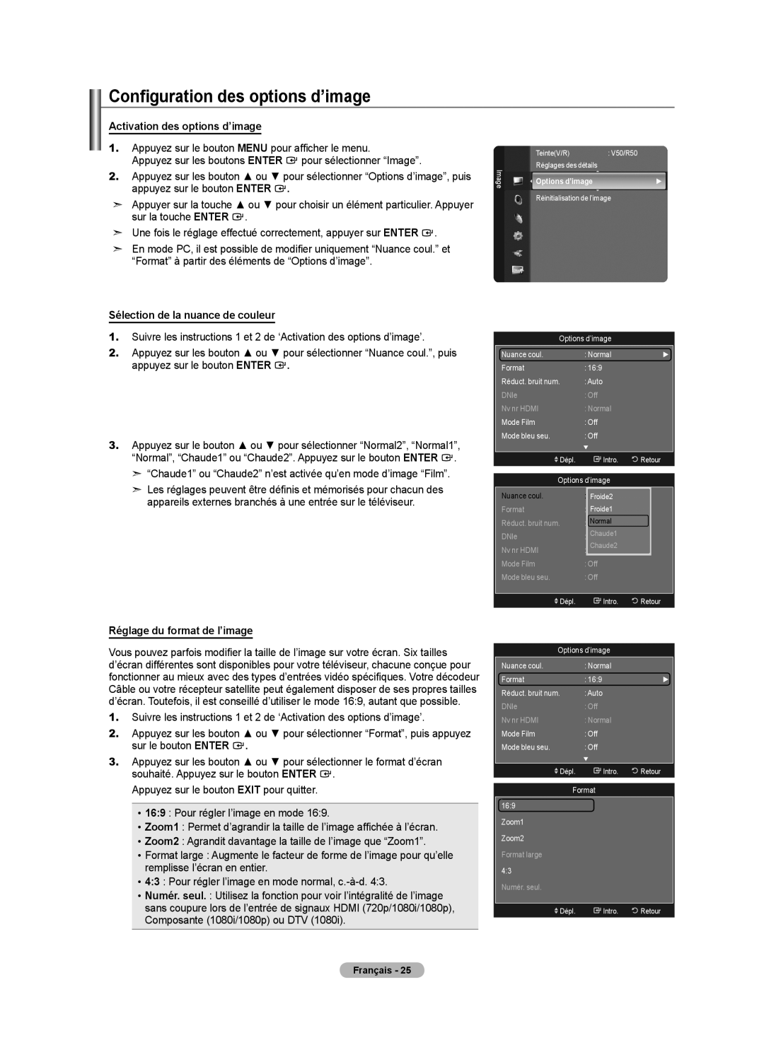 Samsung LN52A650A1F Configuration des options d’image, Activation des options d’image, Sélection de la nuance de couleur 