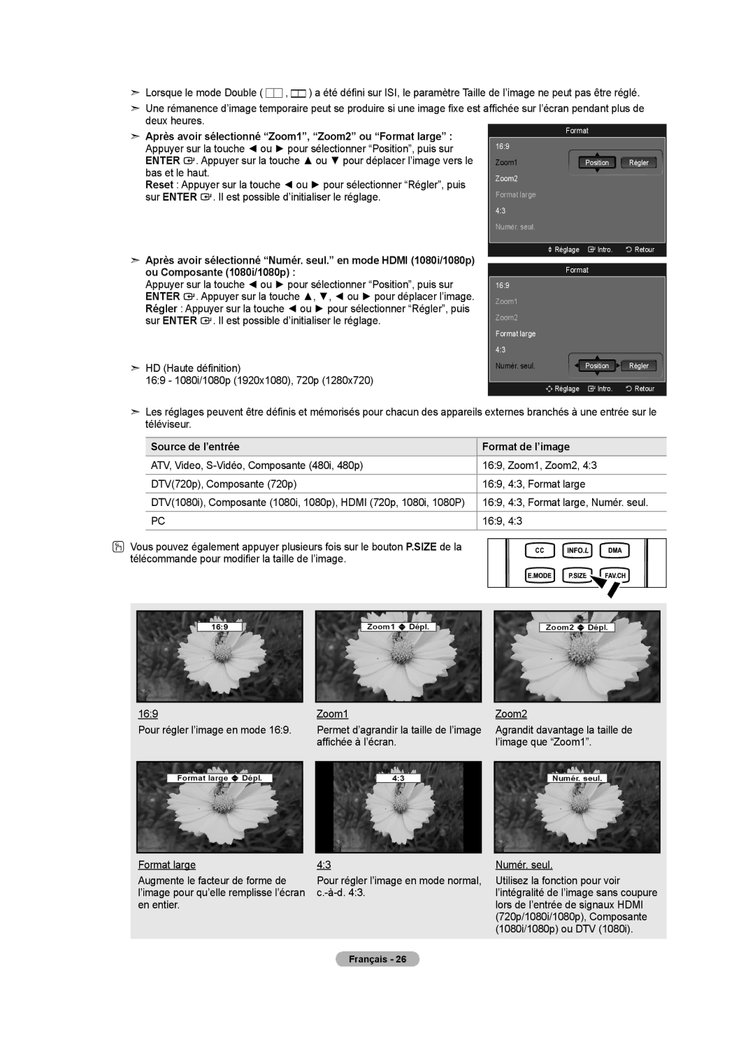 Samsung LN52A650A1F user manual Source de l’entrée Format de l’image, Zoom1 Pour régler l’image en mode, Affichée à l’écran 