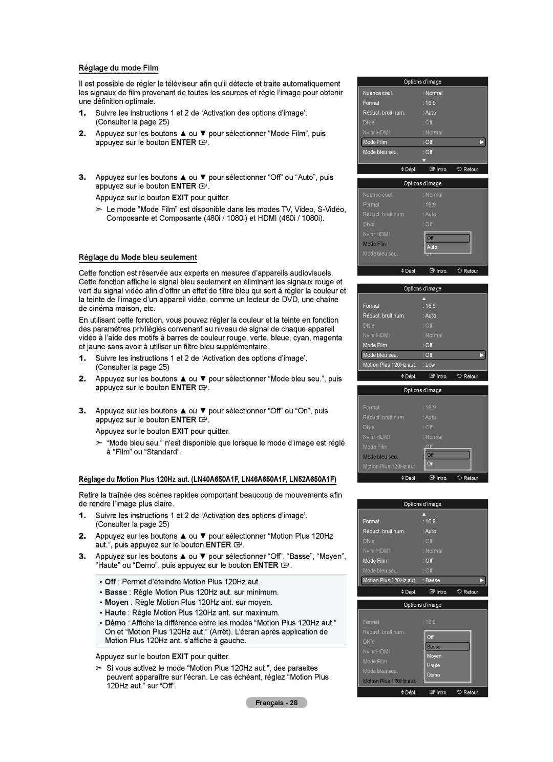 Samsung LN52A650A1F user manual Réglage du mode Film, Réglage du Mode bleu seulement, Démo 