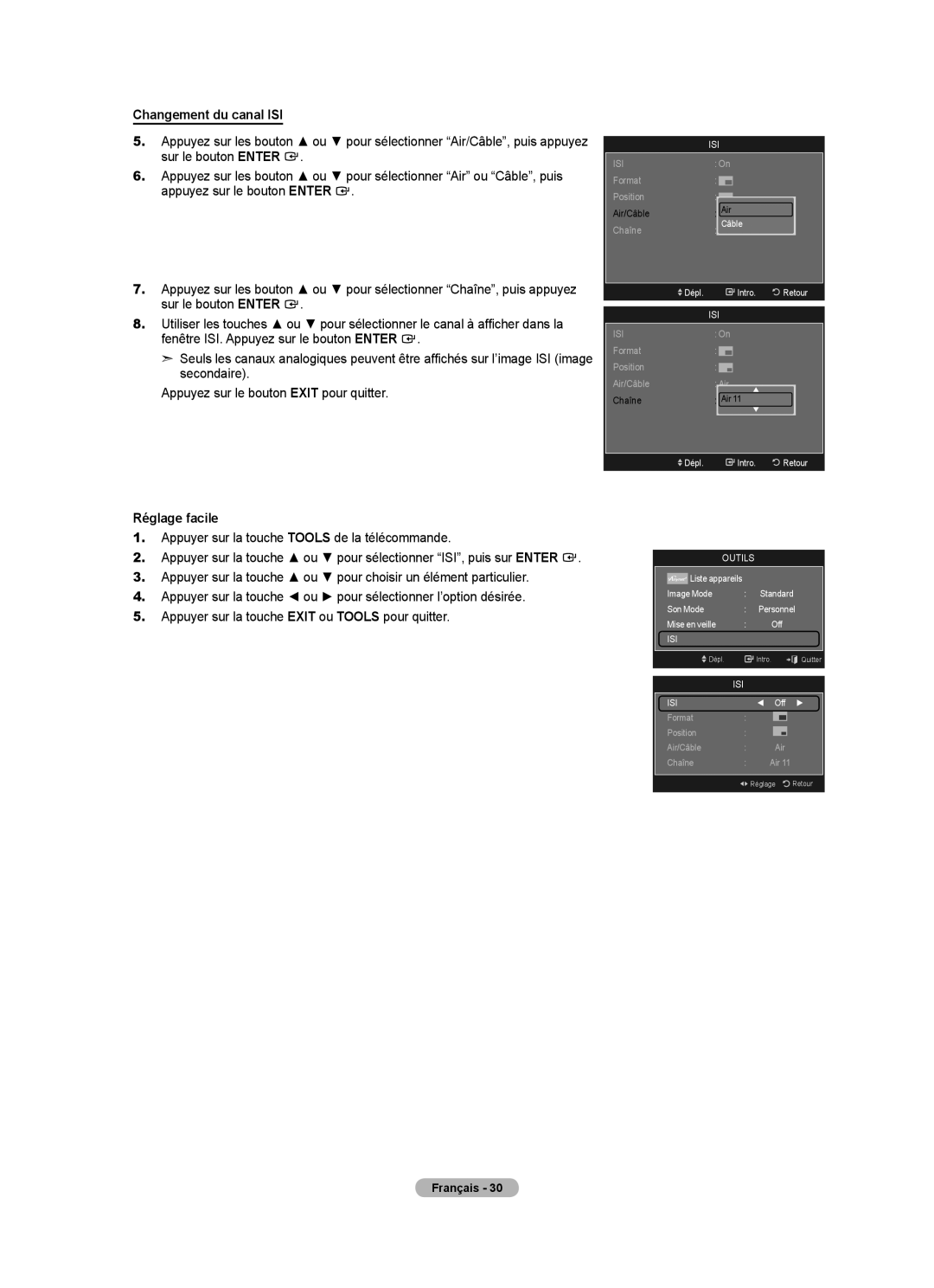 Samsung LN52A650A1F user manual Changement du canal ISI, Câble 