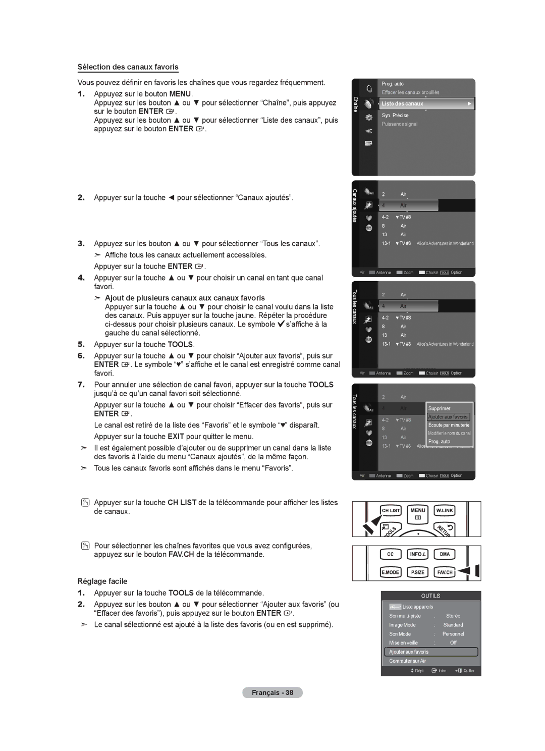 Samsung LN52A650A1F user manual Sélection des canaux favoris, Ajout de plusieurs canaux aux canaux favoris 