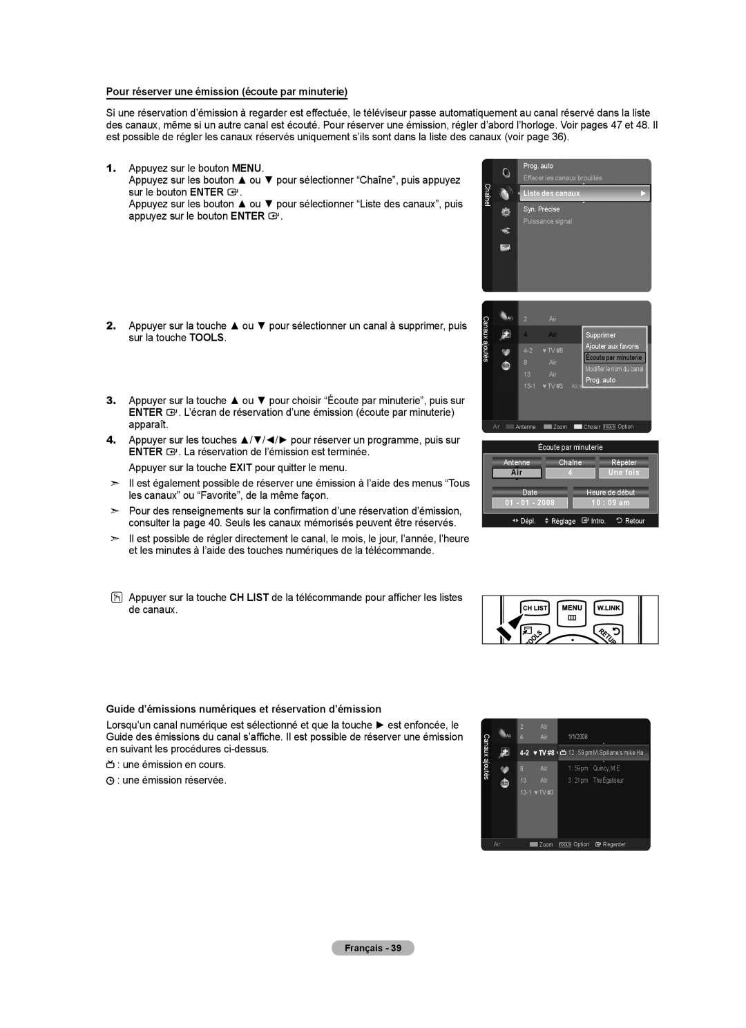 Samsung LN52A650A1F user manual Pour réserver une émission écoute par minuterie, Air Une fois, 01 01 10 09 am 