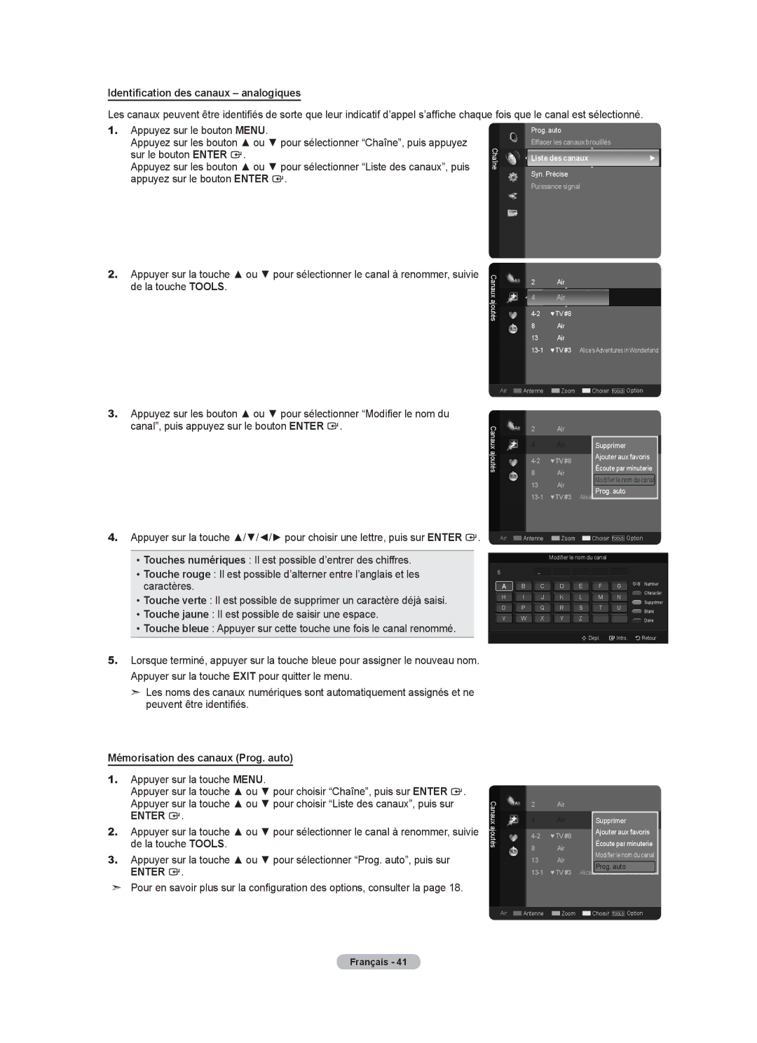 Samsung LN52A650A1F Identification des canaux analogiques, Mémorisation des canaux Prog. auto, Canaux ajoutés Air 