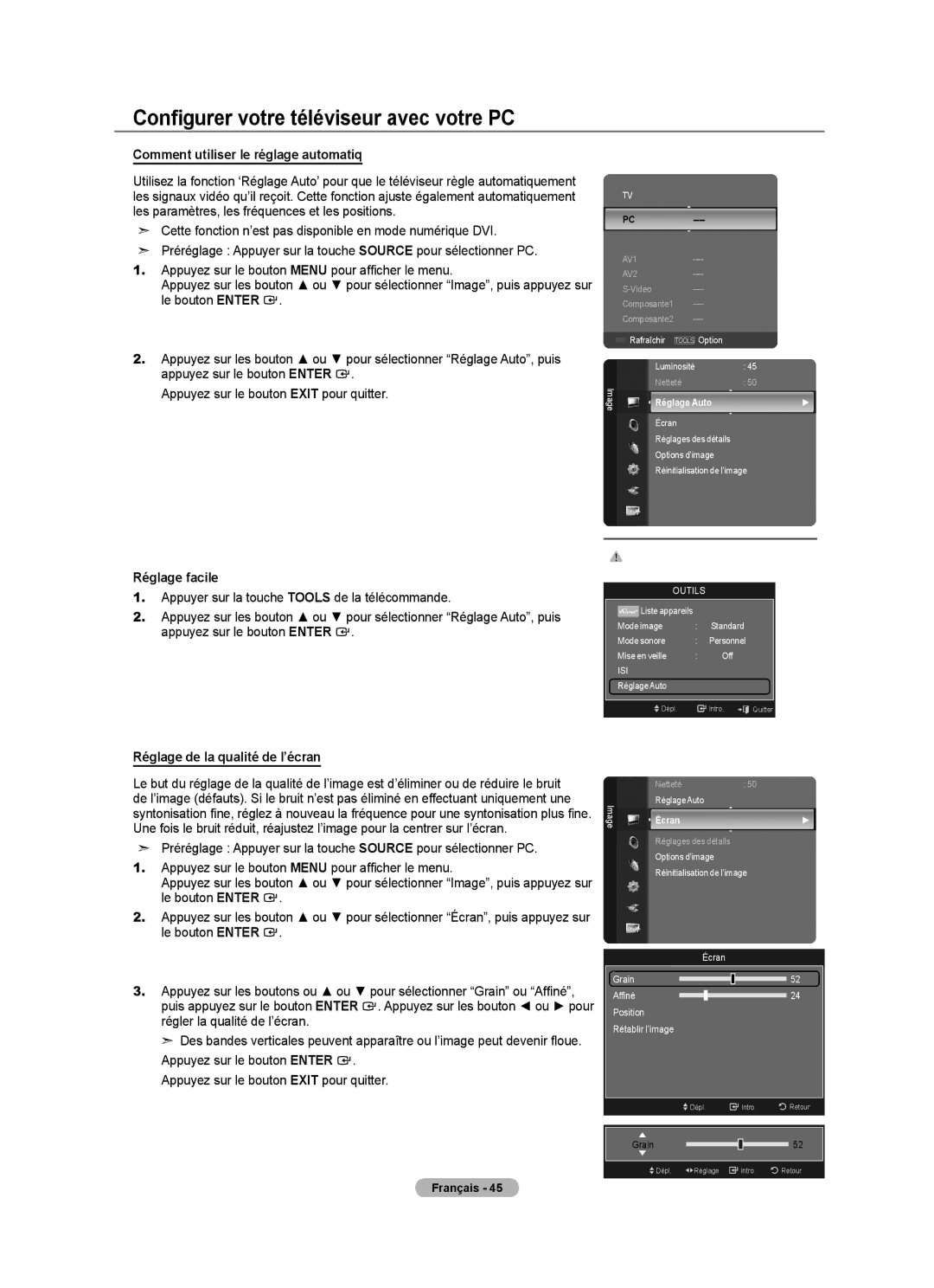 Samsung LN52A650A1F Configurer votre téléviseur avec votre PC, Comment utiliser le réglage automatiq, Réglage Auto, Écran 