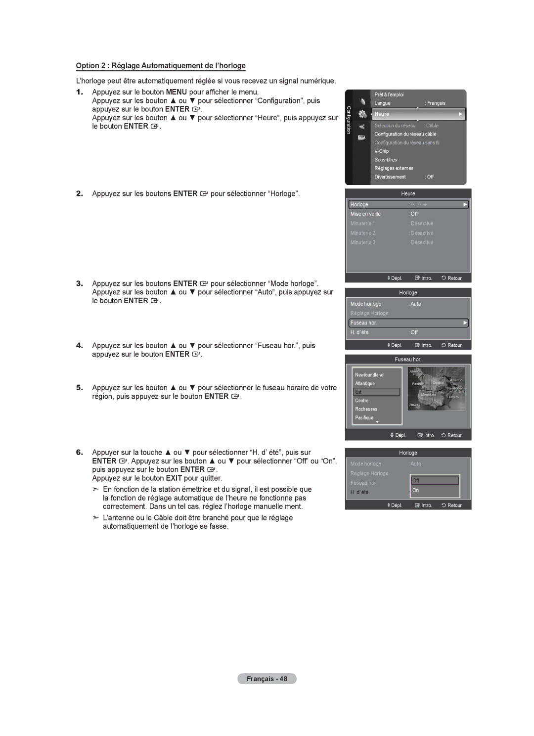 Samsung LN52A650A1F Option 2 Réglage Automatiquement de l’horloge, Chip Sous-titres Réglages externes Divertissement Off 