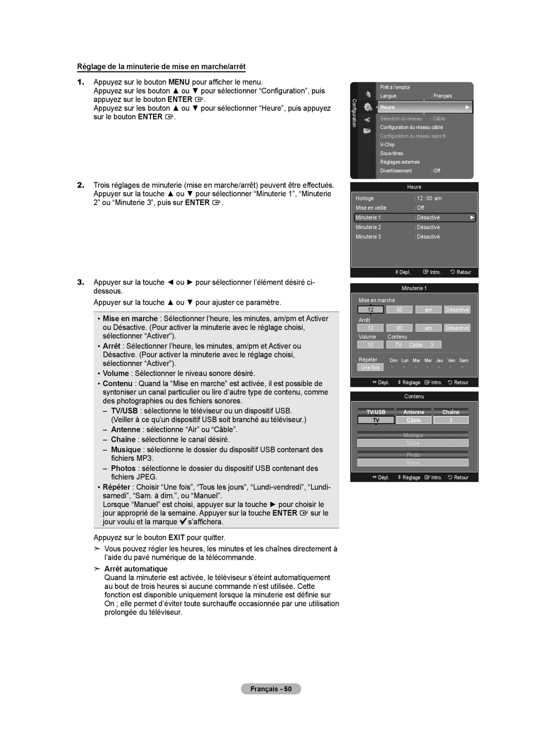 Samsung LN52A650A1F user manual Réglage de la minuterie de mise en marche/arrêt, Arrêt automatique, Antenne, Câble 