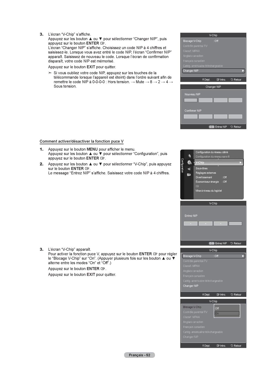 Samsung LN52A650A1F user manual Comment activer/désactiver la fonction puce, ~9 Entrez NIP Retour 