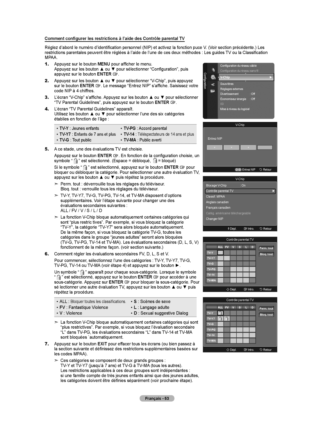 Samsung LN52A650A1F user manual TV-Y Jeunes enfants, Entrez NIP, Blocage V-Chip Contrôle parental TV, Changer NIP 