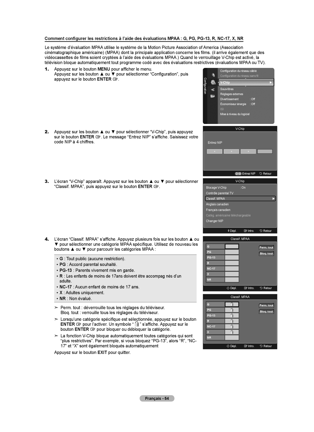 Samsung LN52A650A1F user manual Chip Blocage V-Chip Contrôle parental TV Classif. Mpaa 