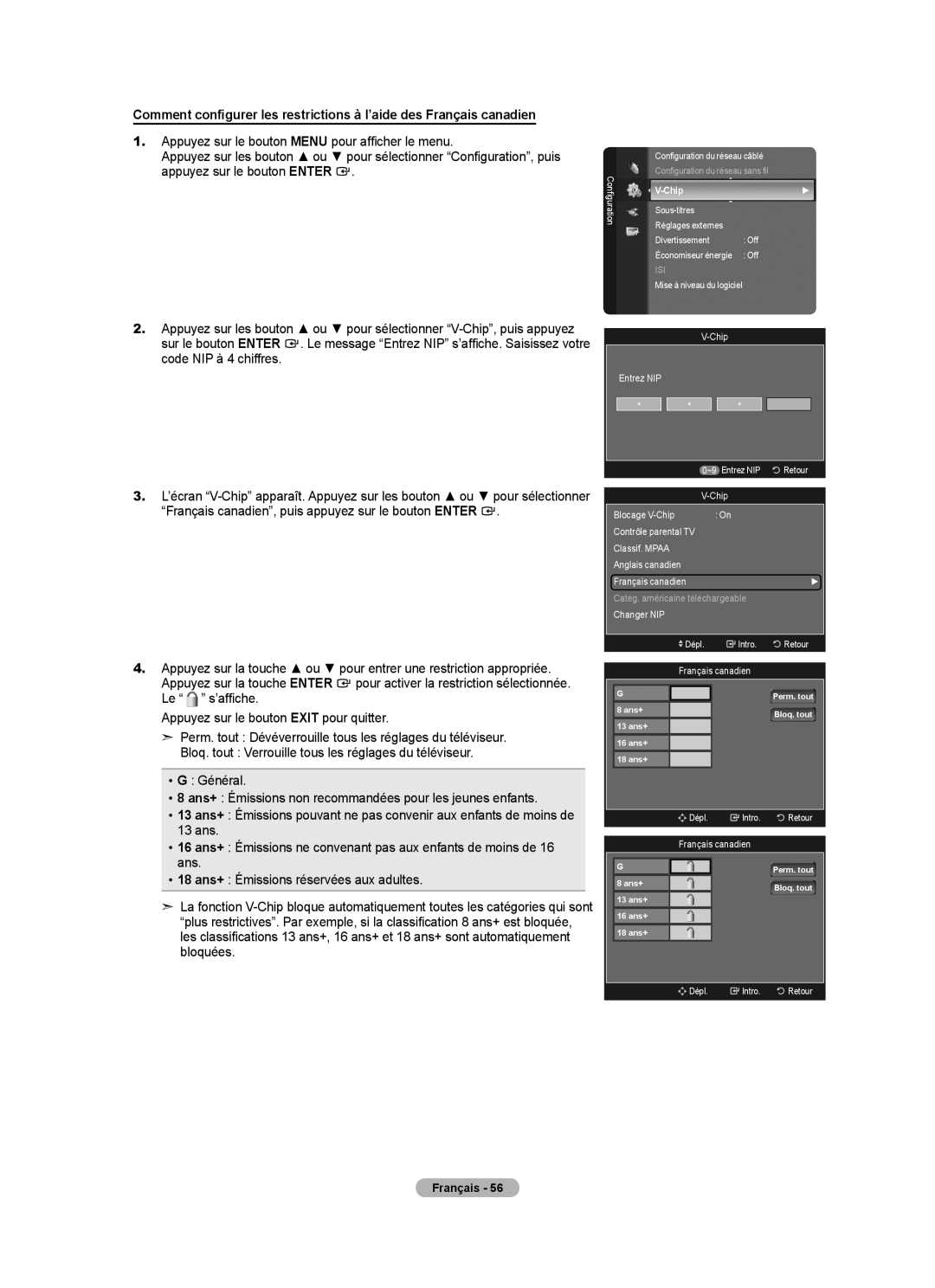 Samsung LN52A650A1F user manual ~9 Entrez NIP Retour, Blocage V-Chip 