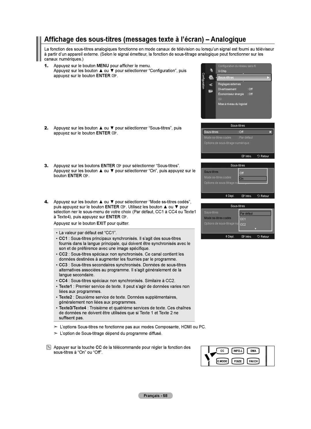 Samsung LN52A650A1F user manual Texte4, puis appuyez sur Enter, Sous-titres, Intro Retour, Dépl Intro 