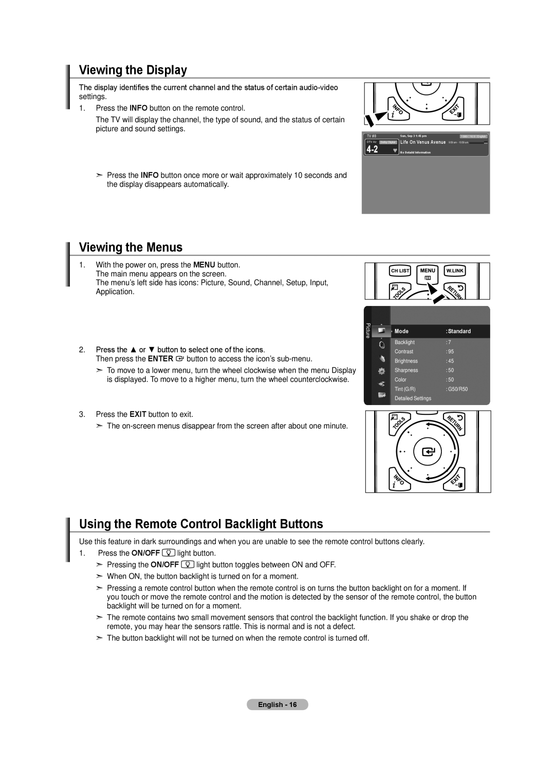 Samsung LN52A650A1F user manual Viewing the Display, Viewing the Menus, Using the Remote Control Backlight Buttons 