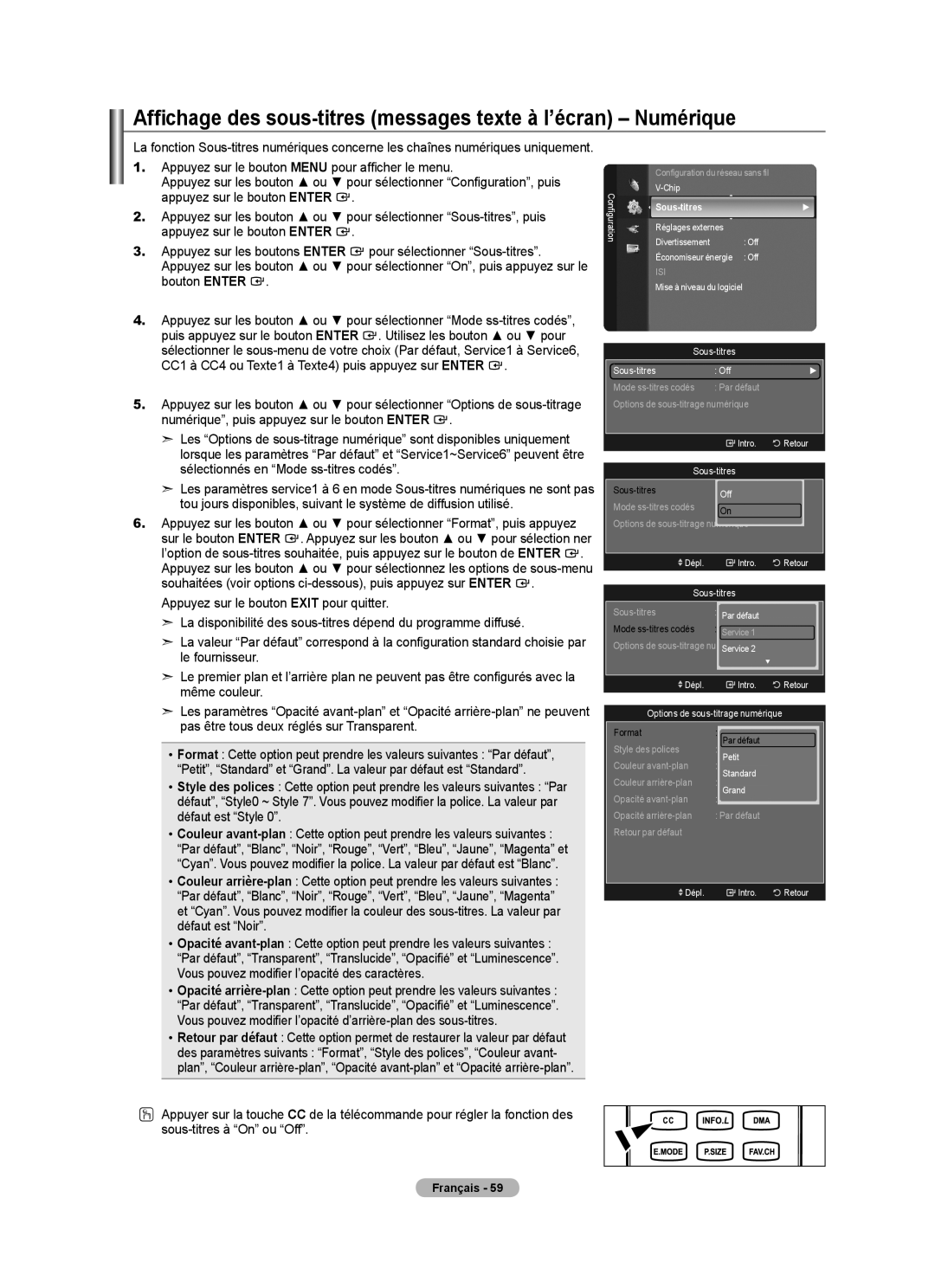 Samsung LN52A650A1F Mise à niveau du logiciel Sous-titres, Dépl Intro Retour Sous-titres, Par défaut, Petit, Grand 