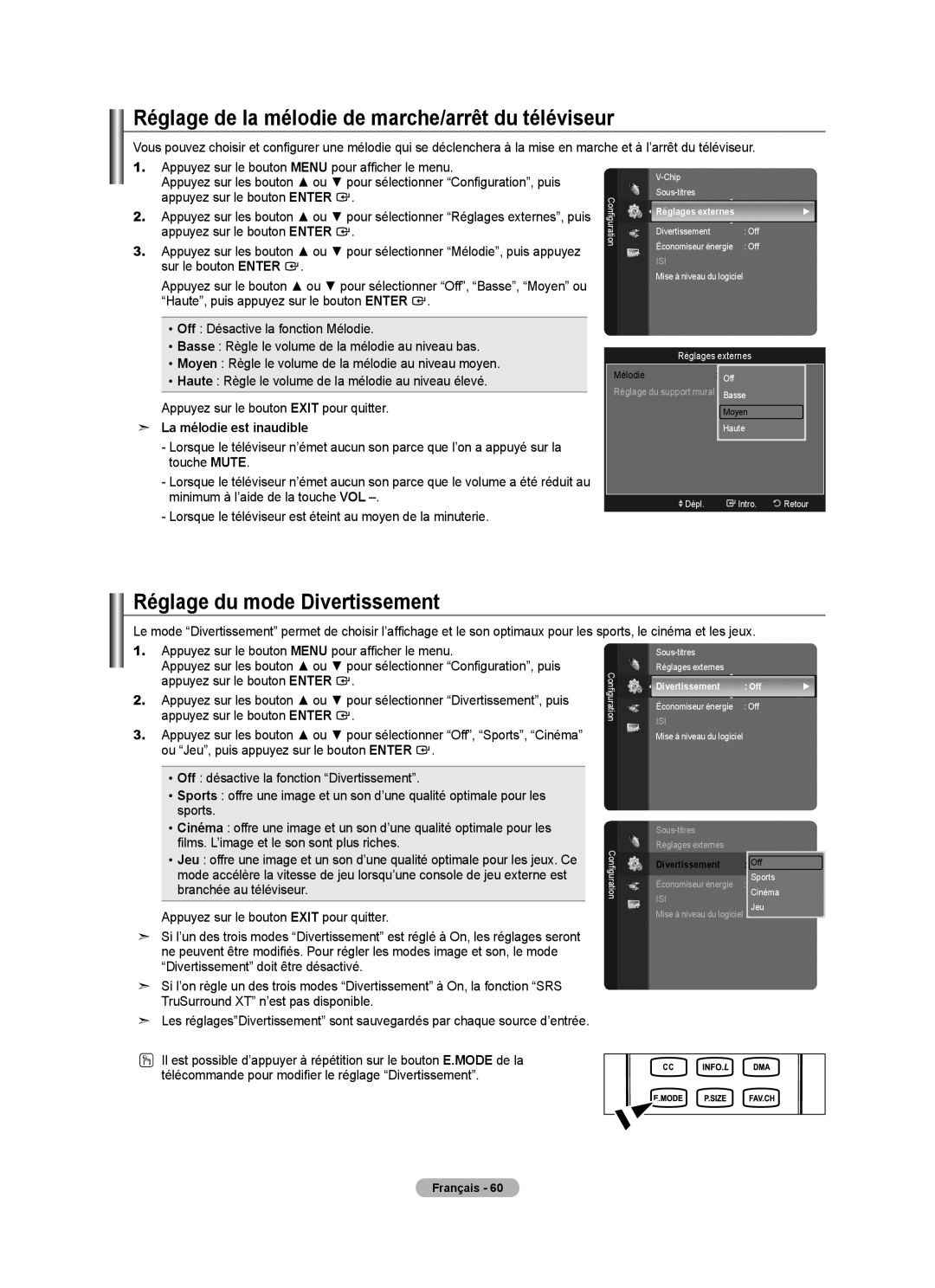 Samsung LN52A650A1F Réglage de la mélodie de marche/arrêt du téléviseur, Réglage du mode Divertissement, Réglages externes 